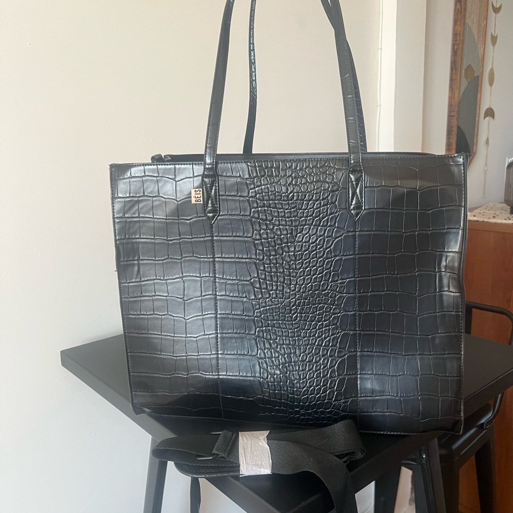 BÉIS Black Crocodile-Embossed Large Travel Tote Bag